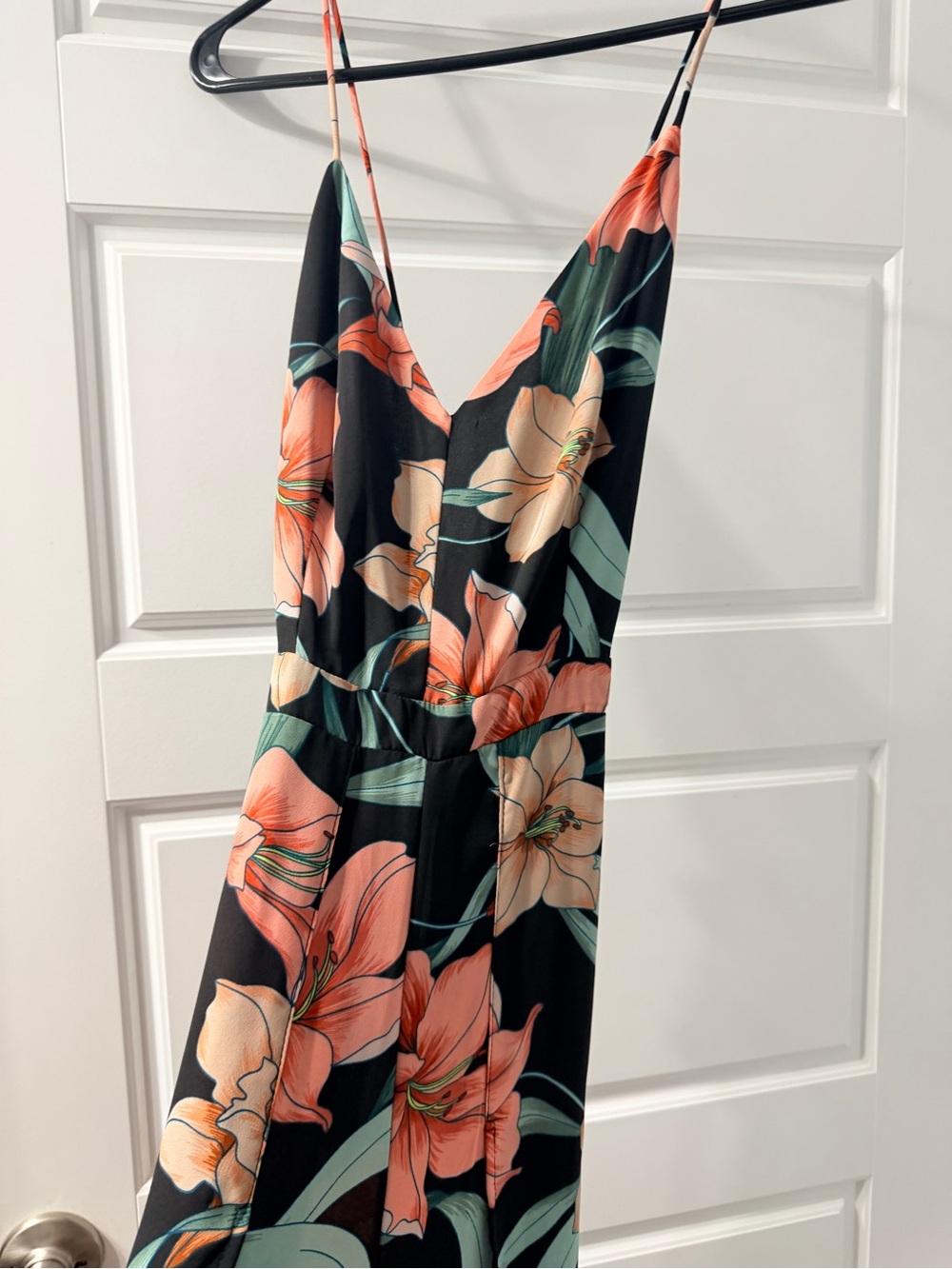 fab'rik Black Floral V-Neck Jumpsuit with Coral and Cream Blooms